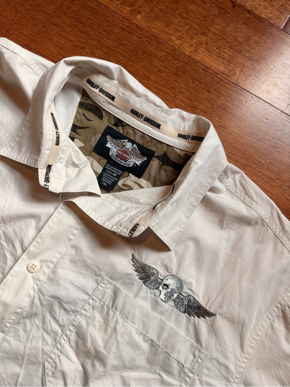 Harley-Davidson White Button-Down Shirt with Winged Skull Embroidery